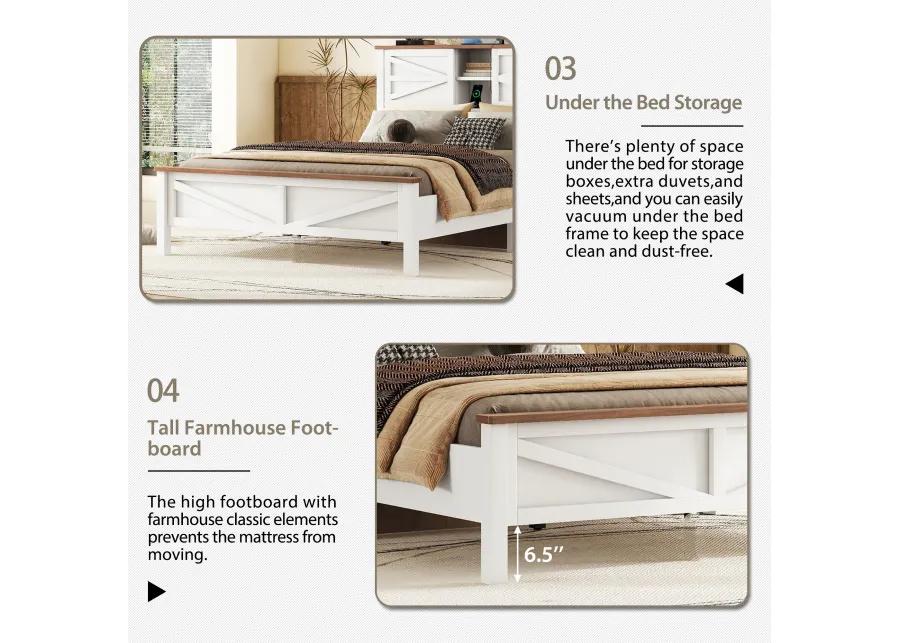 Merax Farmhouse Platform Bed with Charging Station