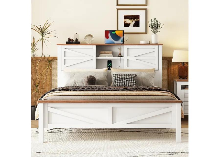 Merax Farmhouse Platform Bed with Charging Station