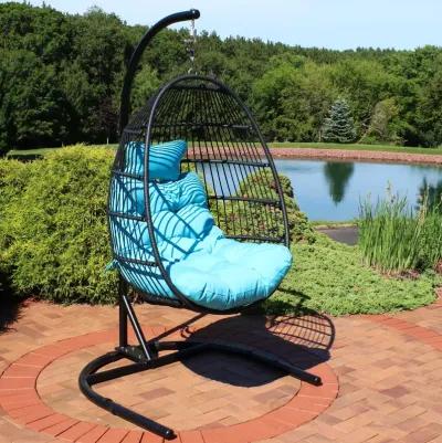 Sunnydaze Resin Wicker Hanging Egg Chair with Steel Stand/Cushions