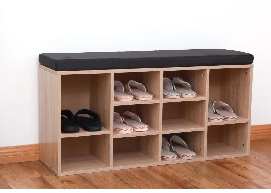 Natural Wooden Shoe Cubicle Storage Entryway Bench with Soft Cushion for Seating