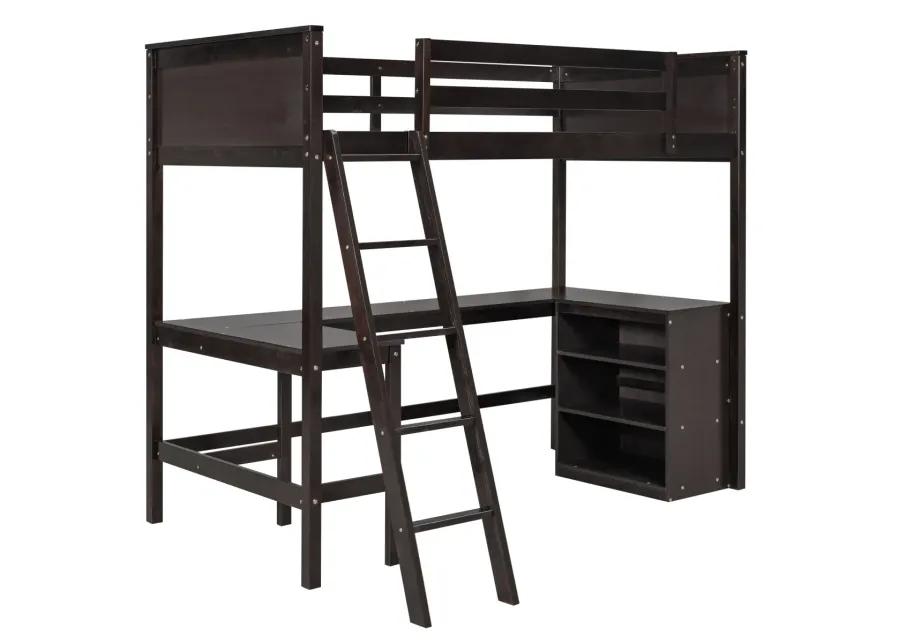 Twin Size Loft Bed With Shelves And Desk, Wooden Loft Bed With Desk