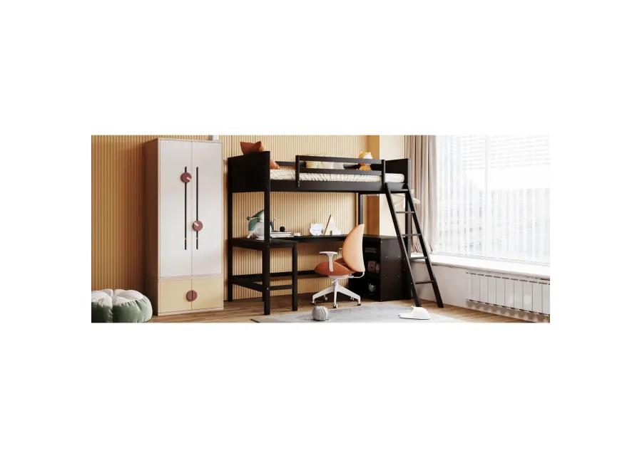 Twin Size Loft Bed With Shelves And Desk, Wooden Loft Bed With Desk