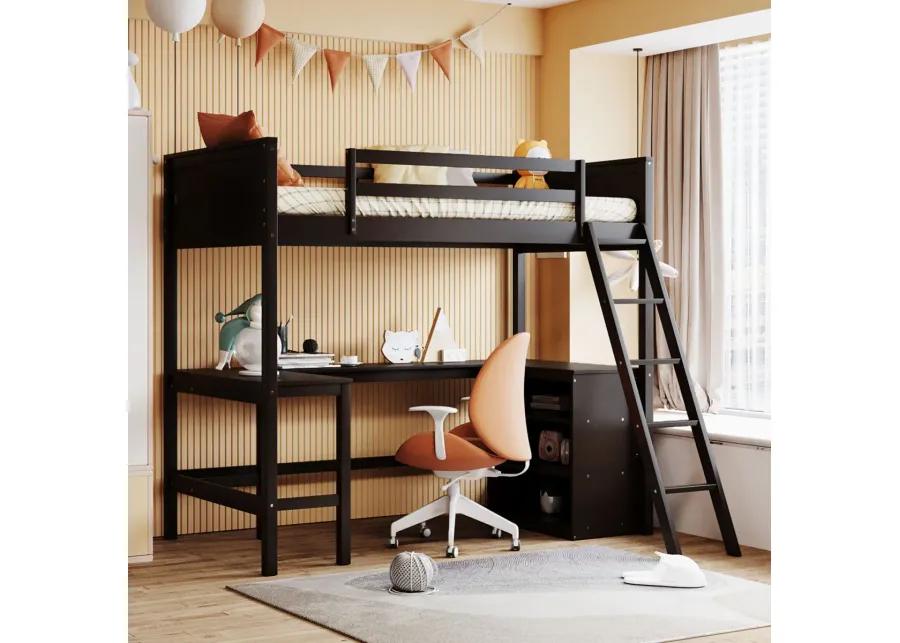 Twin Size Loft Bed With Shelves And Desk, Wooden Loft Bed With Desk