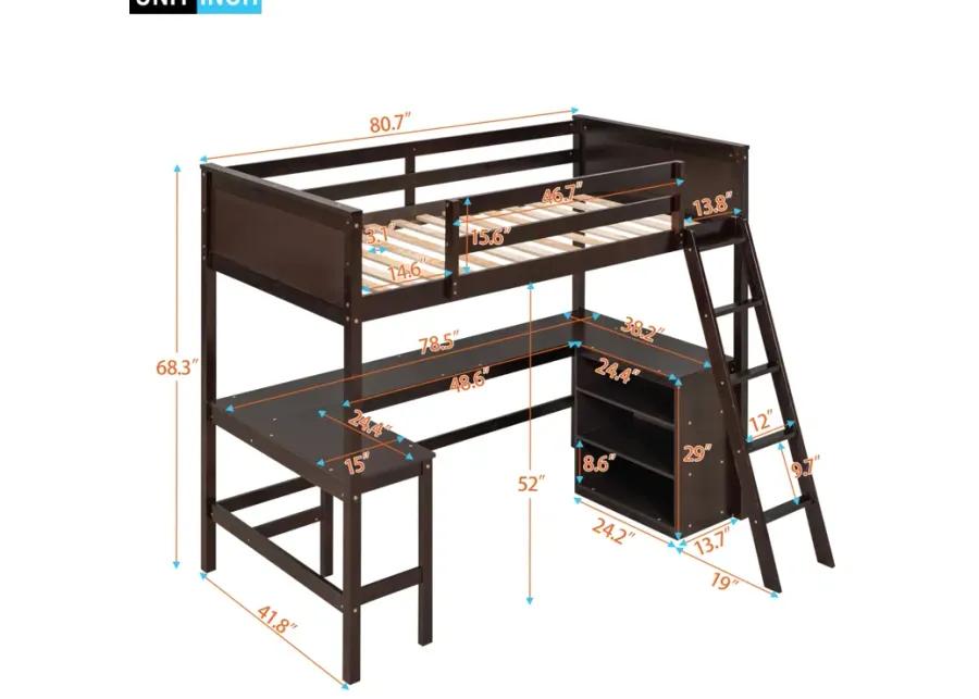 Twin Size Loft Bed With Shelves And Desk, Wooden Loft Bed With Desk