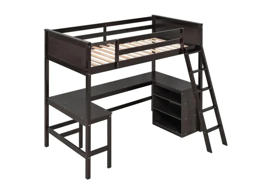 Twin Size Loft Bed With Shelves And Desk, Wooden Loft Bed With Desk