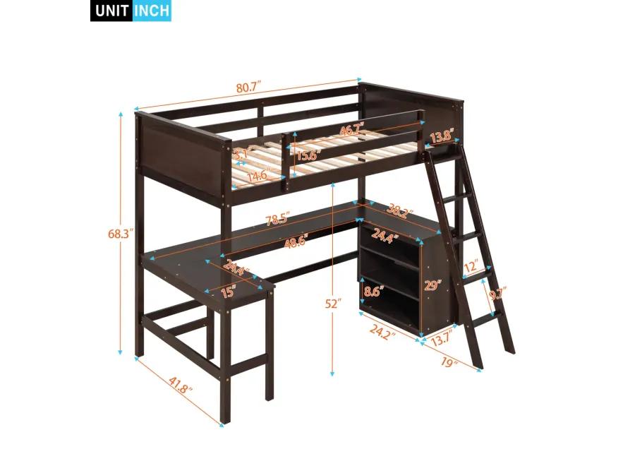 Twin Size Loft Bed With Shelves And Desk, Wooden Loft Bed With Desk