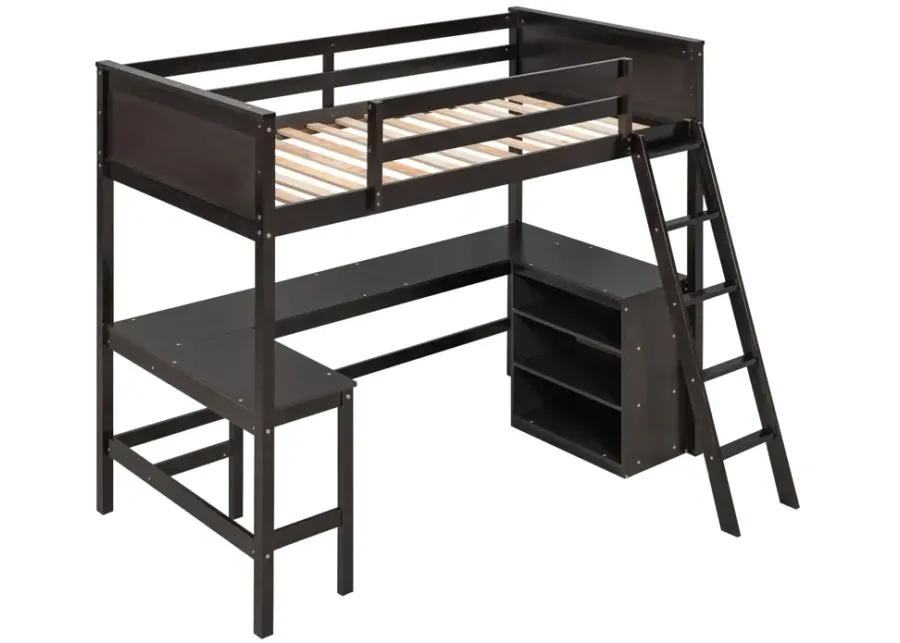 Twin Size Loft Bed With Shelves And Desk, Wooden Loft Bed With Desk