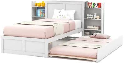 Kids Wooden Platform Bed with Trundle Storage Headboard-Twin Size