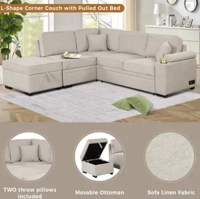 87.4" Sleeper Sofa Bed, 2 In 1 Pull Out Sofa Bed L Shaped Couch With Storage Ottoman