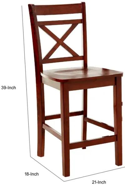 Wooden Counter Height Chair with Cross Back, Set of 2, Cherry Brown-Benzara