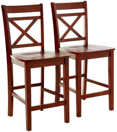 Wooden Counter Height Chair with Cross Back, Set of 2, Cherry Brown-Benzara