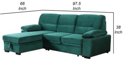 Exie 98 Inch 2 Piece Sectional Sofa, Pull Out Bed, Storage, Green Velvet-Benzara