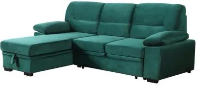 Exie 98 Inch 2 Piece Sectional Sofa, Pull Out Bed, Storage, Green Velvet-Benzara