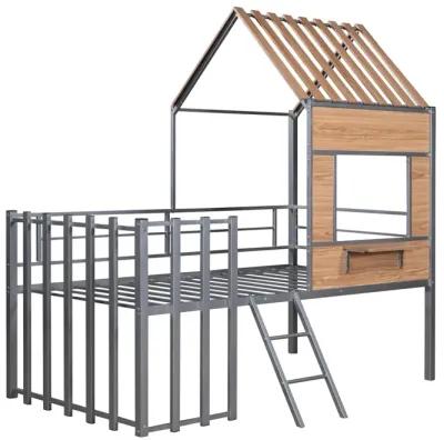 Metal Twin Size Loft Bed With Roof, Window, Guardrail, Ladder Silver