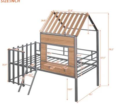 Metal Twin Size Loft Bed With Roof, Window, Guardrail, Ladder Silver