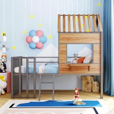 Metal Twin Size Loft Bed With Roof, Window, Guardrail, Ladder Silver