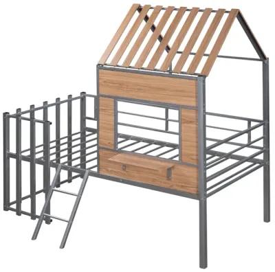 Metal Twin Size Loft Bed With Roof, Window, Guardrail, Ladder Silver