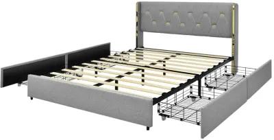 Full/Queen Size Upholstered Bed Frame with 4 Drawers-Silver