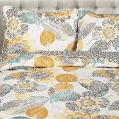 QuikFurn Full/Queen 3 Piece Reversible Yellow Grey Teal Floral Leaves Cotton Quilt Set