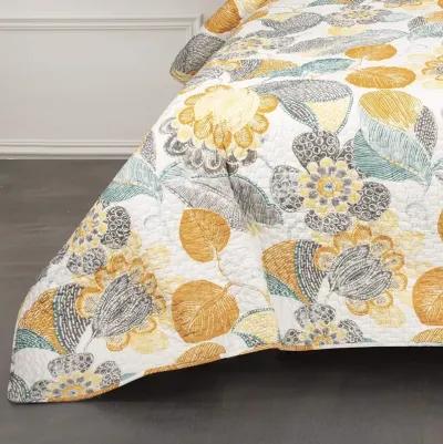 QuikFurn Full/Queen 3 Piece Reversible Yellow Grey Teal Floral Leaves Cotton Quilt Set