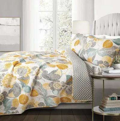 QuikFurn Full/Queen 3 Piece Reversible Yellow Grey Teal Floral Leaves Cotton Quilt Set