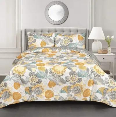 QuikFurn Full/Queen 3 Piece Reversible Yellow Grey Teal Floral Leaves Cotton Quilt Set