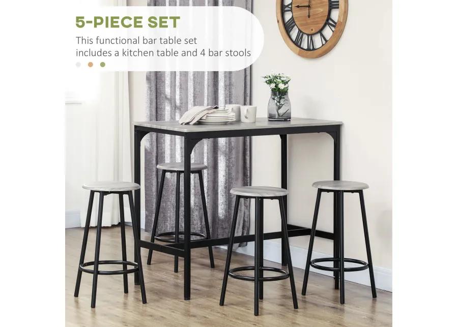 Gray Industrial Dining: 5-Piece Bar Set with Table and Round Stools