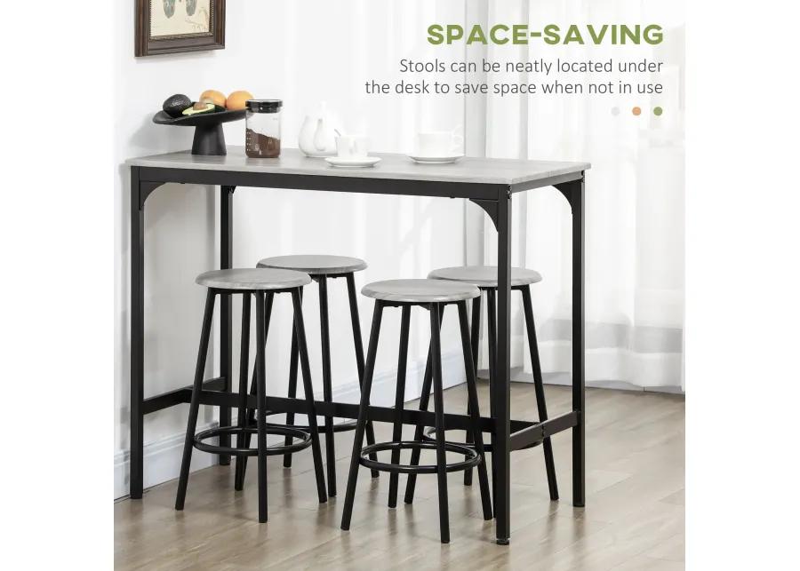 Gray Industrial Dining: 5-Piece Bar Set with Table and Round Stools