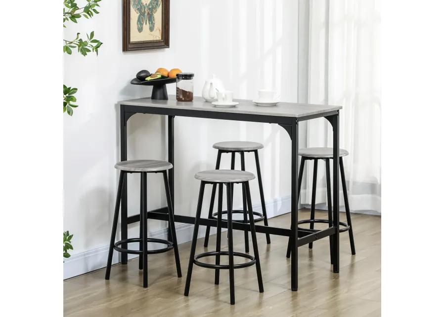 Gray Industrial Dining: 5-Piece Bar Set with Table and Round Stools