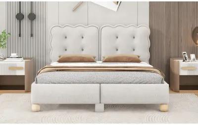 Queen Size Upholstered Platform Bed With Support Legs, Beige