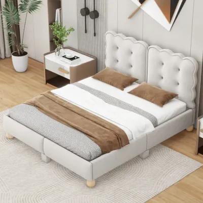 Queen Size Upholstered Platform Bed With Support Legs, Beige