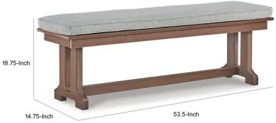 Emme 54 Inch Outdoor Dining Bench, Brown Base, Gray Padded Cushioning - Benzara