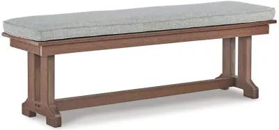 Emme 54 Inch Outdoor Dining Bench, Brown Base, Gray Padded Cushioning - Benzara