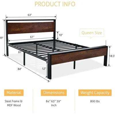 Hivvago Queen Metal Platform Bed Frame with Mahogany Wood Panel Headboard Footboard