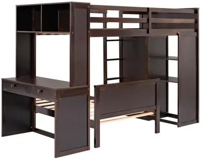 Merax Loft Bed with Storage Shelves and Wardrobe