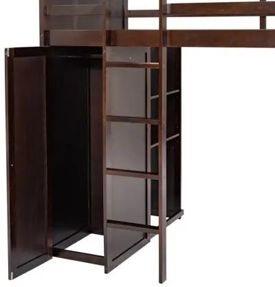 Merax Loft Bed with Storage Shelves and Wardrobe