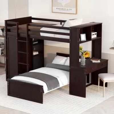 Merax Loft Bed with Storage Shelves and Wardrobe