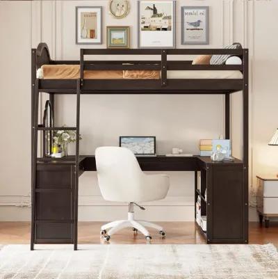 Merax Loft Bed with U-shaped Desk and Tri-fold Mirror