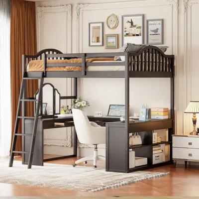 Merax Loft Bed with U-shaped Desk and Tri-fold Mirror