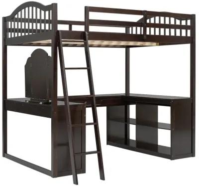 Merax Loft Bed with U-shaped Desk and Tri-fold Mirror