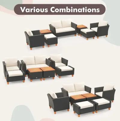 7 Pieces Patio Furniture PE Rattan Sectional Sofa Set with Armchairs and Table-white