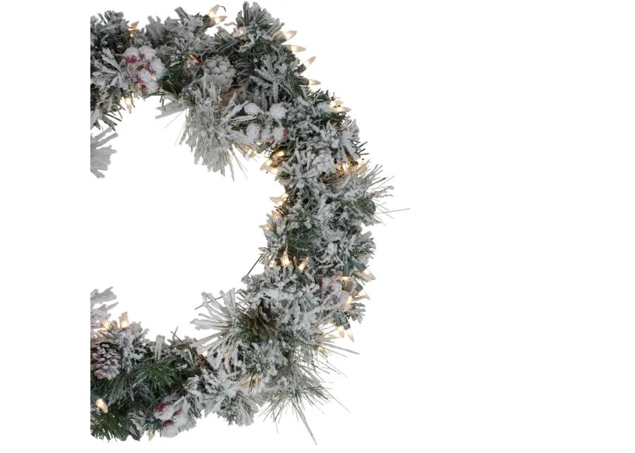 Pre-lit Heavily Flocked Berries and Pine Cones Artificial Christmas Wreath - 24-Inch  Clear Lights