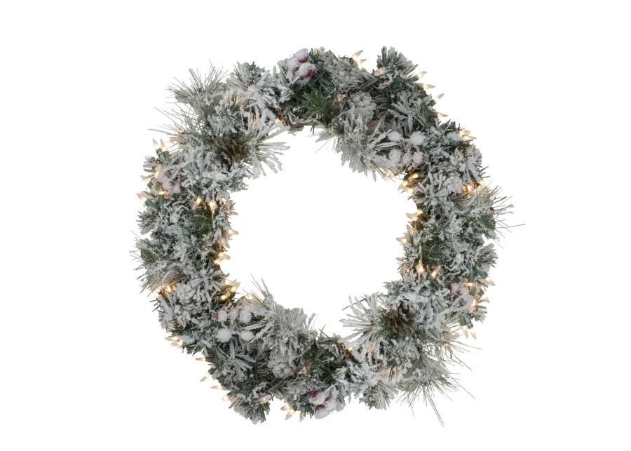 Pre-lit Heavily Flocked Berries and Pine Cones Artificial Christmas Wreath - 24-Inch  Clear Lights