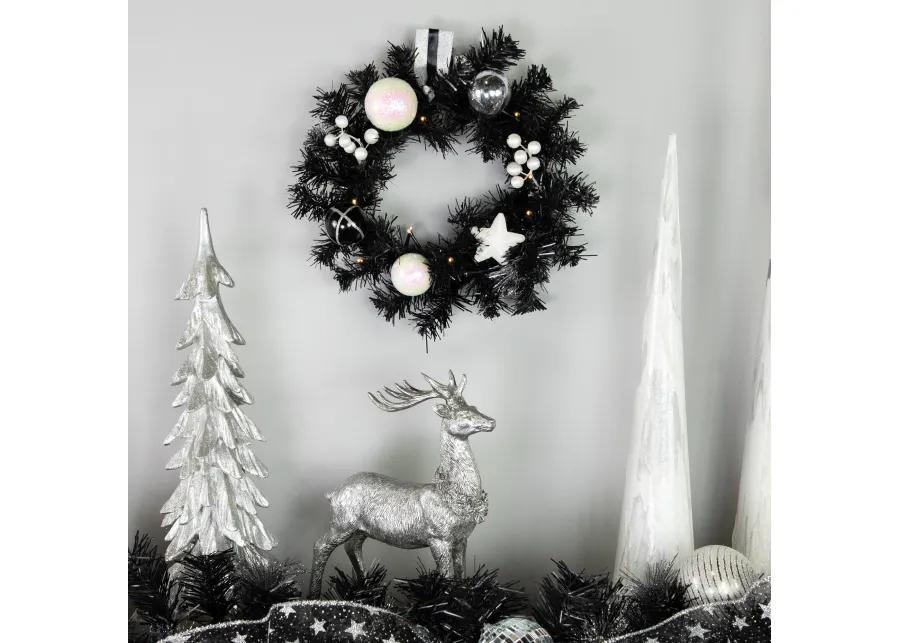 16" Pre-Lit Decorated Black Pine Artificial Christmas Wreath  Cool White LED Lights