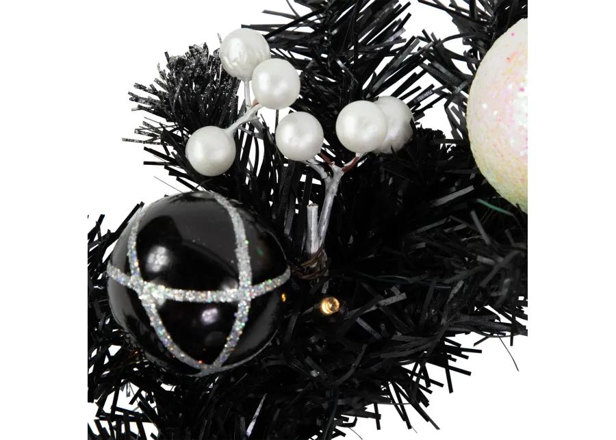 16" Pre-Lit Decorated Black Pine Artificial Christmas Wreath  Cool White LED Lights