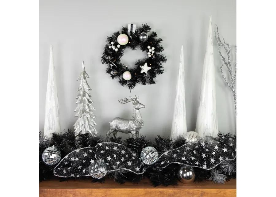 16" Pre-Lit Decorated Black Pine Artificial Christmas Wreath  Cool White LED Lights