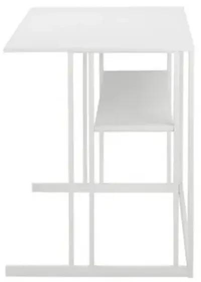 Femi 47 Inch Office Desk with Shelf, Open Steel Base, Modern White Finish - Benzara