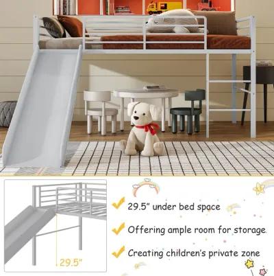 Twin Metal Loft Bed with Slide Safety Guardrails and Built-in Ladder