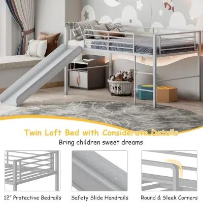 Twin Metal Loft Bed with Slide Safety Guardrails and Built-in Ladder