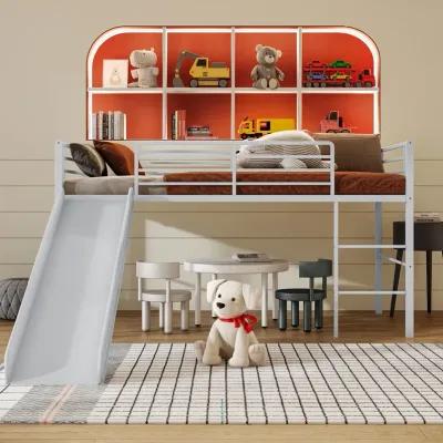 Twin Metal Loft Bed with Slide Safety Guardrails and Built-in Ladder